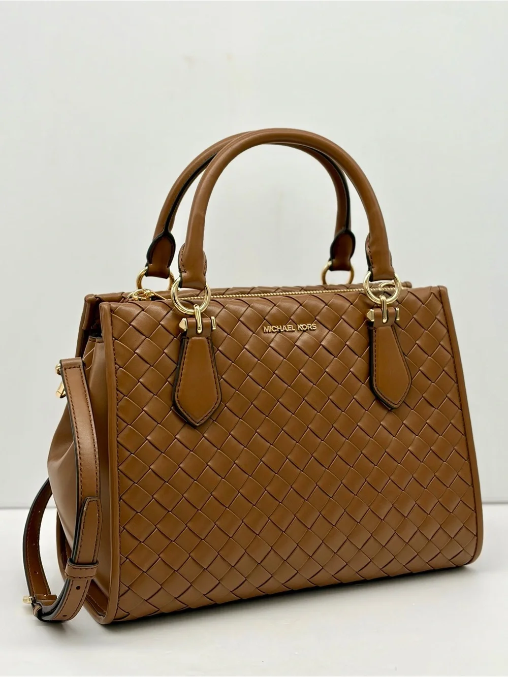 MICHAEL KORS  Marilyn Medium Woven Satchel Crossbody Bag Luggage